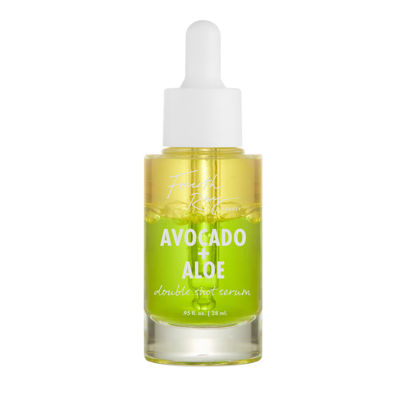 Avocado + Aloe Double Shot Skincare Face Serum with an avocado and aloe stylized photo.